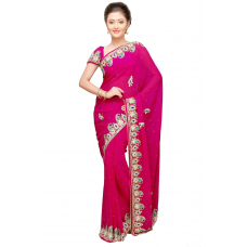 Remarkable Magenta Colored Stone Worked Chiffon Saree